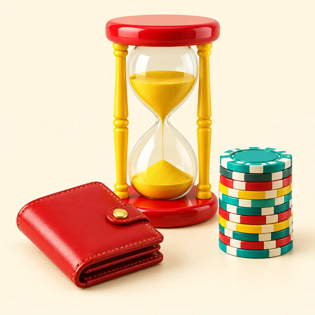 Ett timglas, en liten plånbok och en hög spelmarker på ett bord