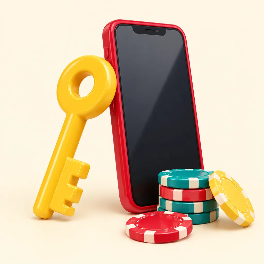 En mobiltelefon med en stor nyckel lutad mot sig och några spelmarker