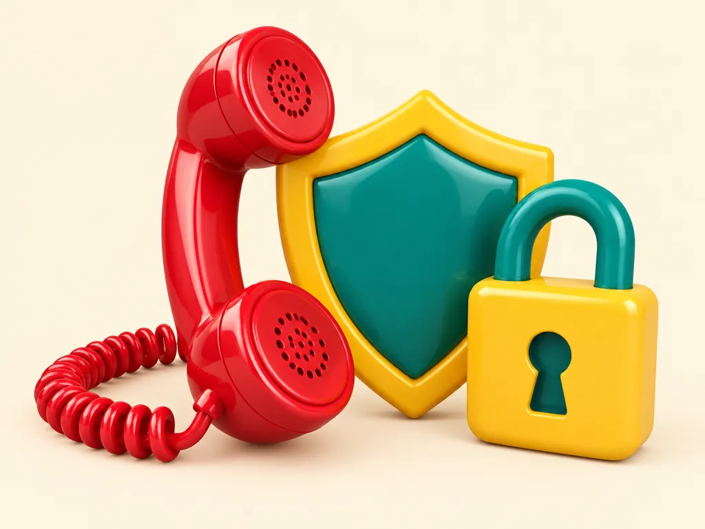 En gammaldags telefonlur bredvid en sköld och ett stängt hänglås