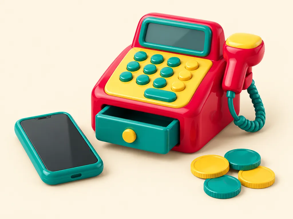 En leksakskassa med en mobiltelefon och några mynt