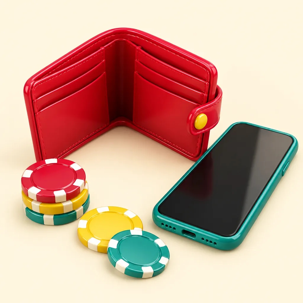 En tom plånbok bredvid en mobiltelefon och några spelmarker
