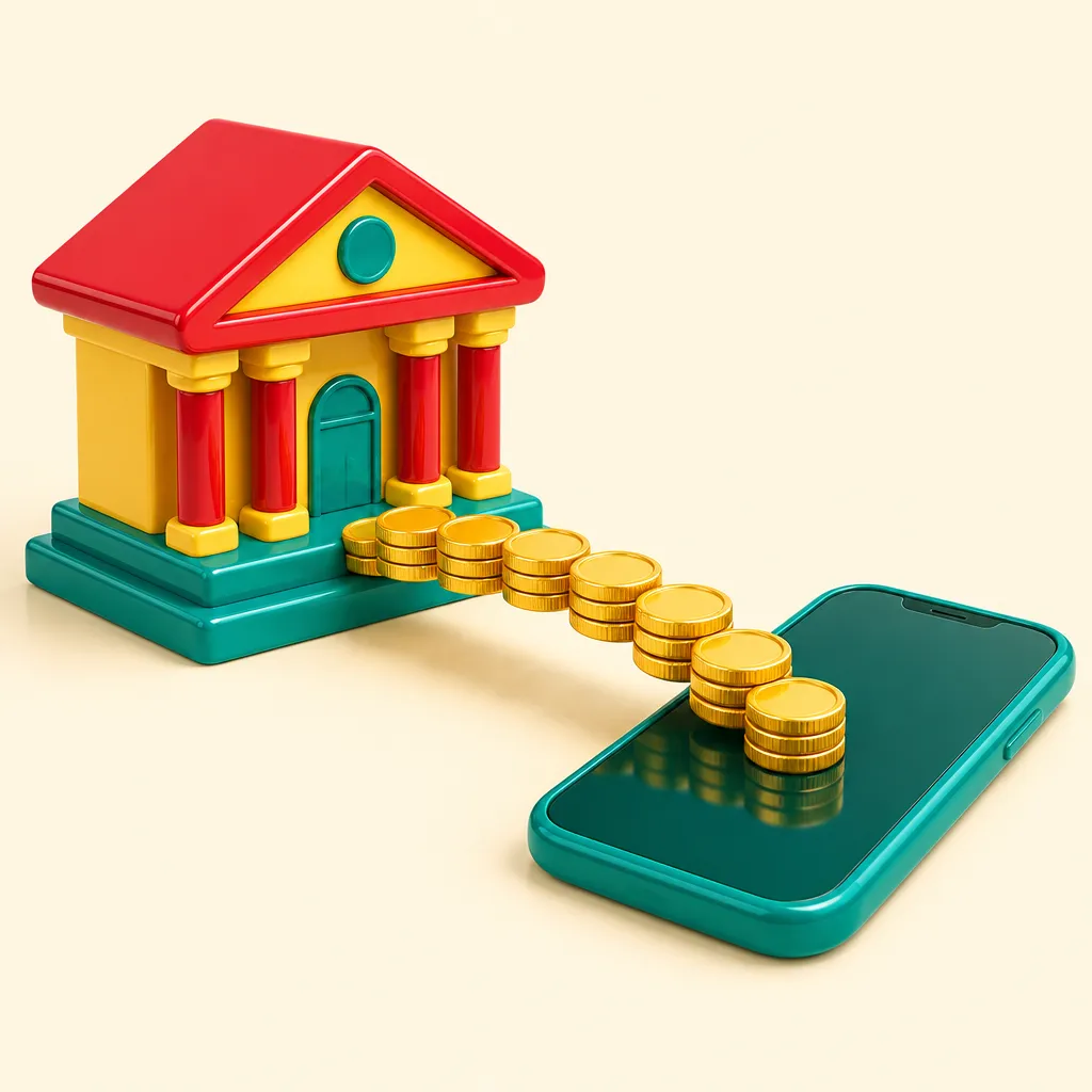 En liten leksaksbank med en bro av mynt fram till en mobiltelefon