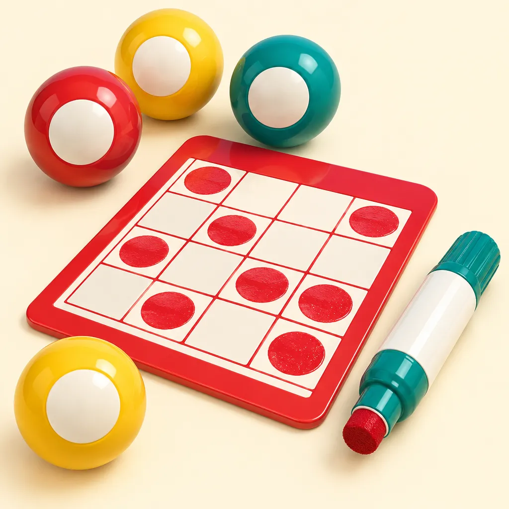 En bingobricka med markerade rutor, glansiga numrerade kulor och en markeringspenna
