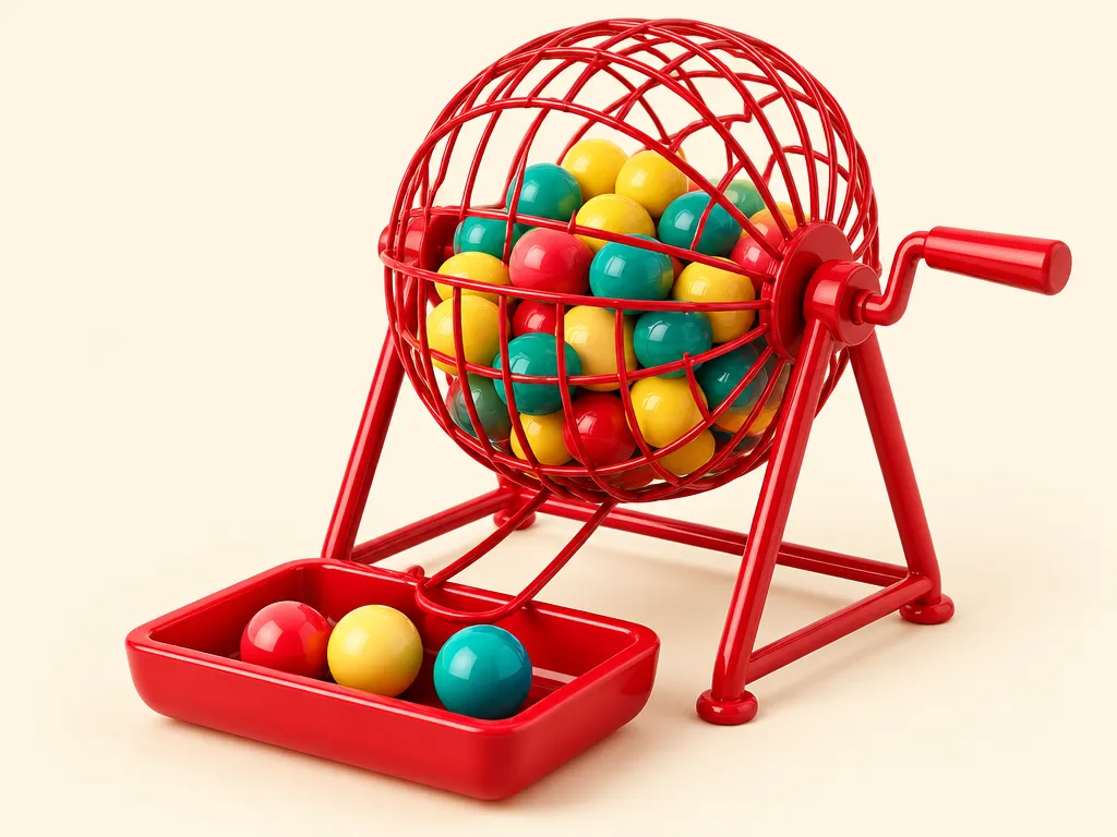 En bingotrumma med numrerade kulor och några kulor i en bricka framför