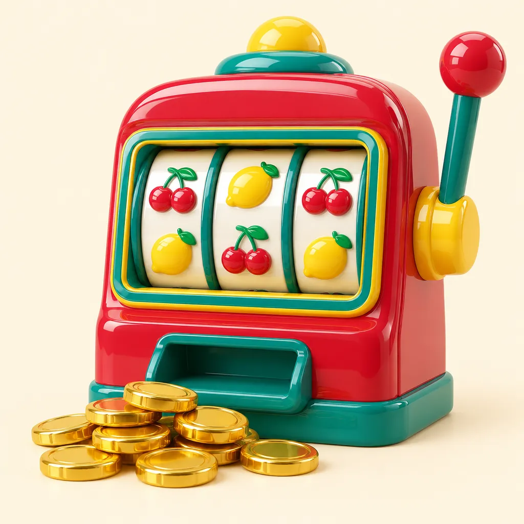 Leksaksaktig spelautomat med snurrande rullar och en hög mynt
