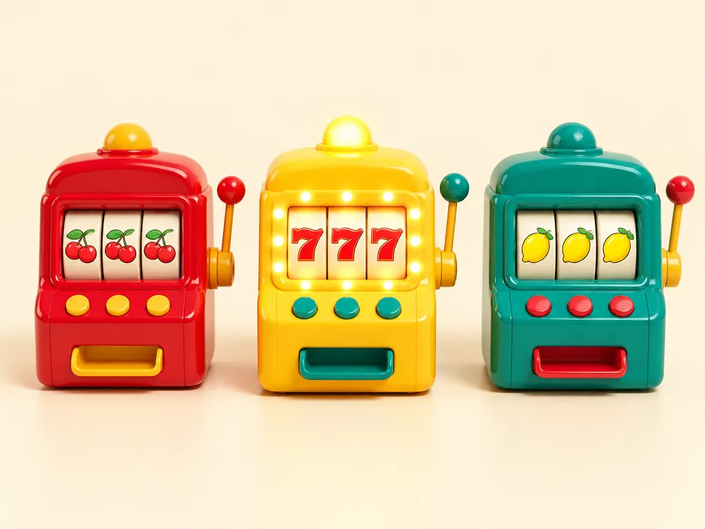 Tre små spelautomater i olika färger på rad
