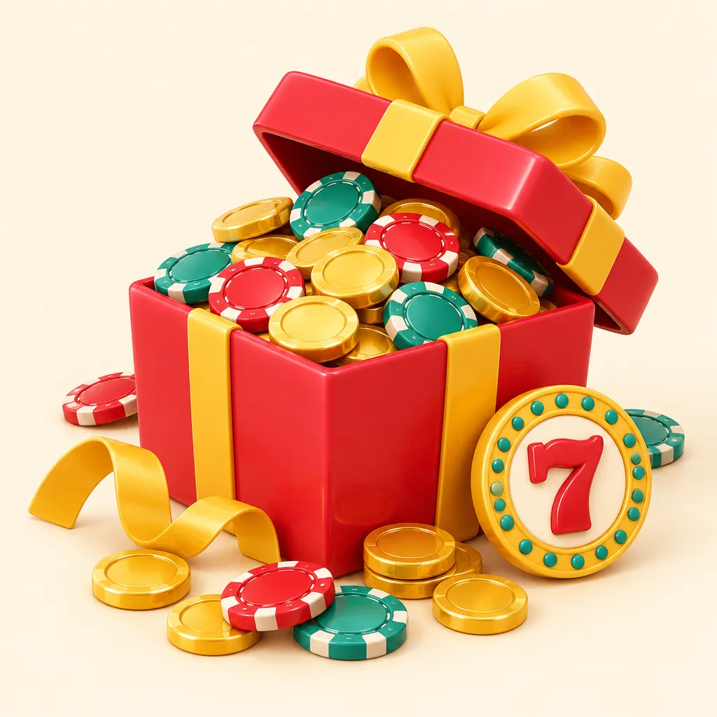 Presentask med guldmynt och casinomarker på krämig bakgrund