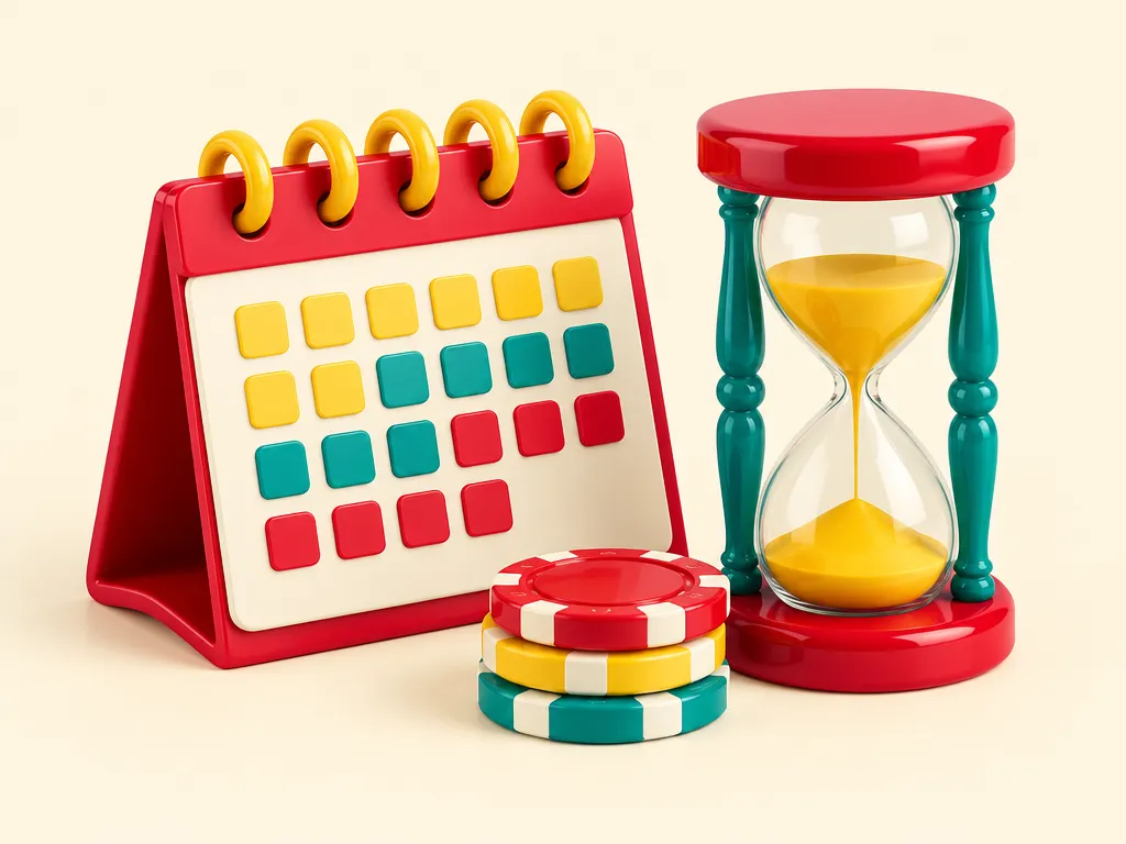 Bordskalender och timglas bredvid en liten hög casinomarker
