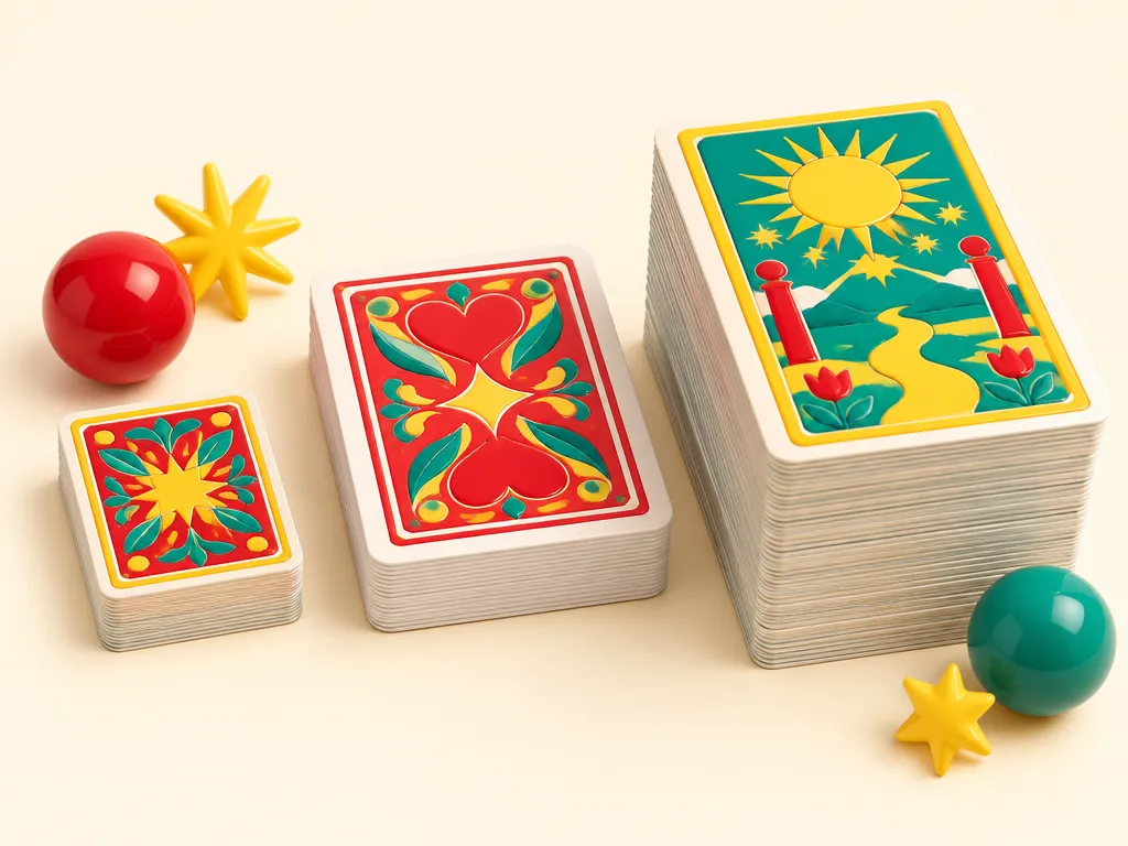 Olika kortlekar bredvid varandra, från en liten lek till en hög med stora tarotkort