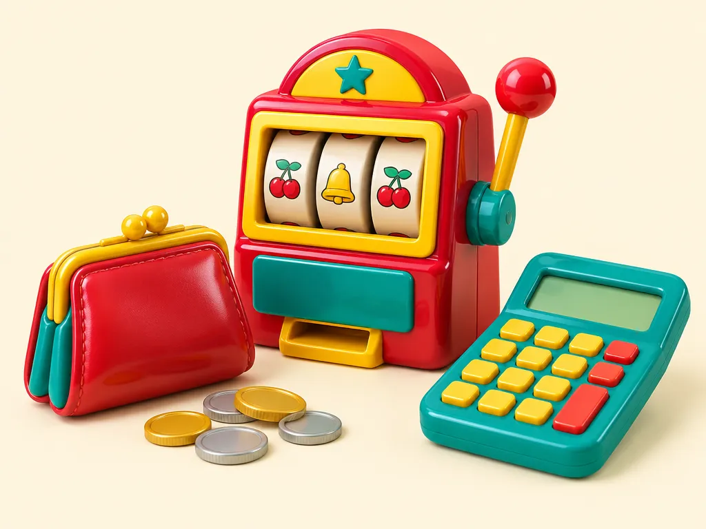 Liten plånbok med några mynt bredvid en spelautomat och en miniräknare