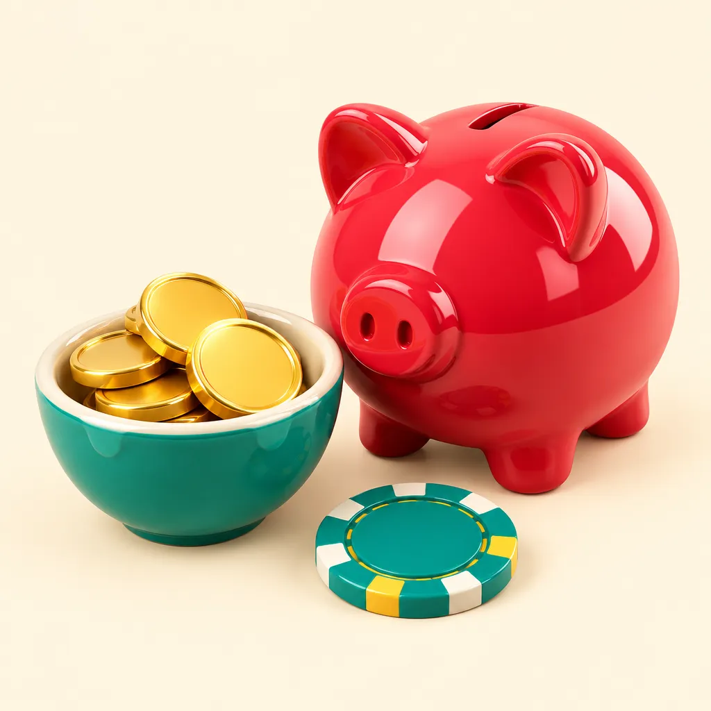 Några få mynt i en liten skål bredvid en spargris och en casinomarker