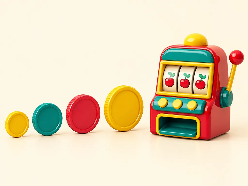 Några enstaka mynt i olika storlekar på rad bredvid en liten spelautomat