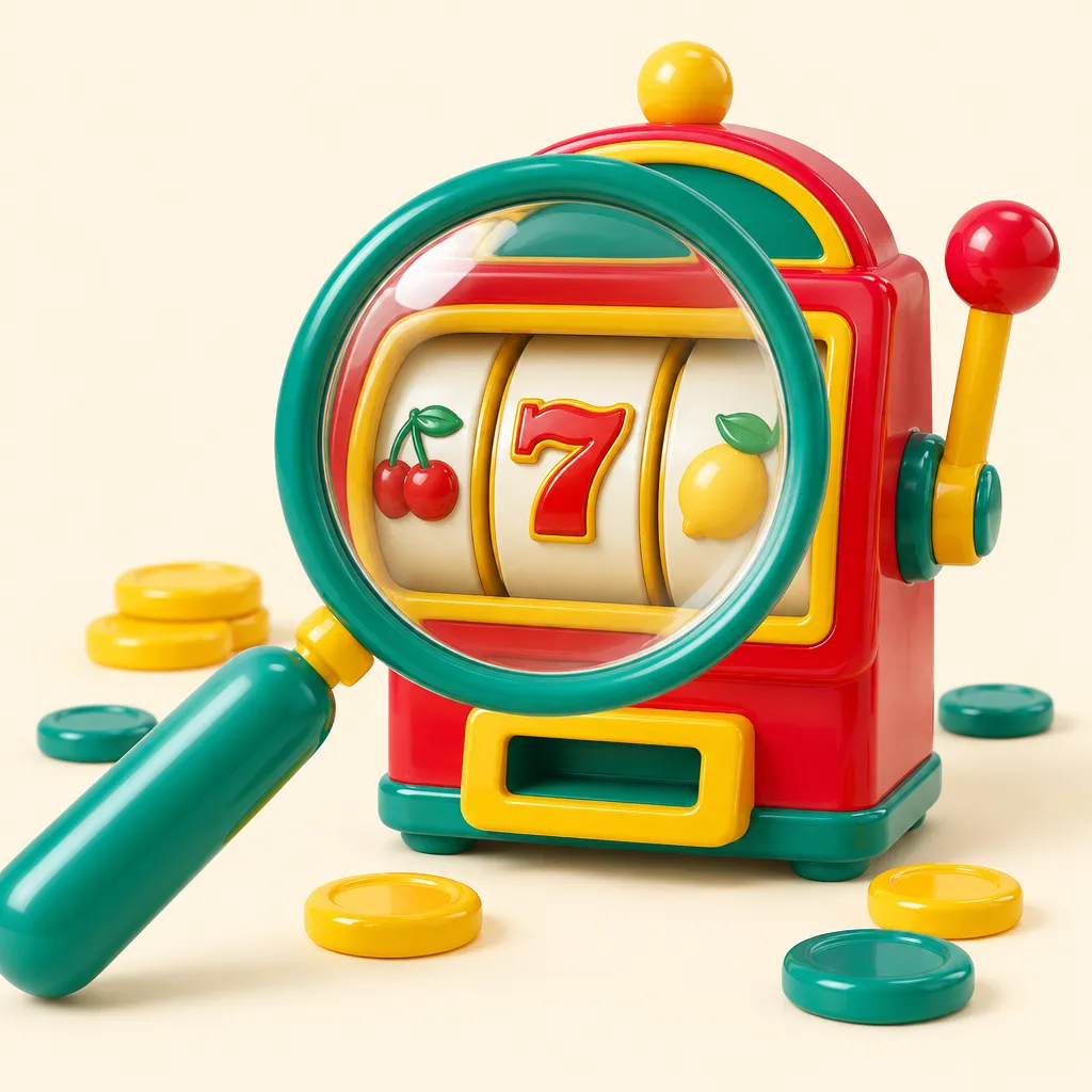 Förstoringsglas över en liten leksaksaktig spelautomat med en sjua på rullen