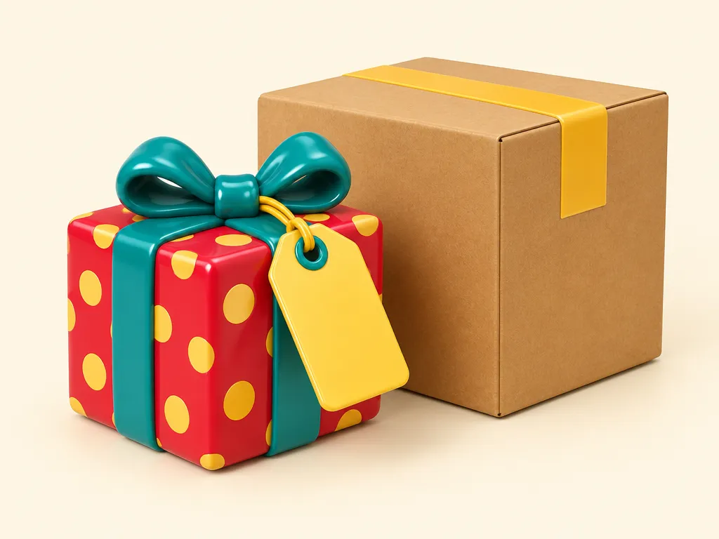 Namnlapp på ett litet paket bredvid en större kartong