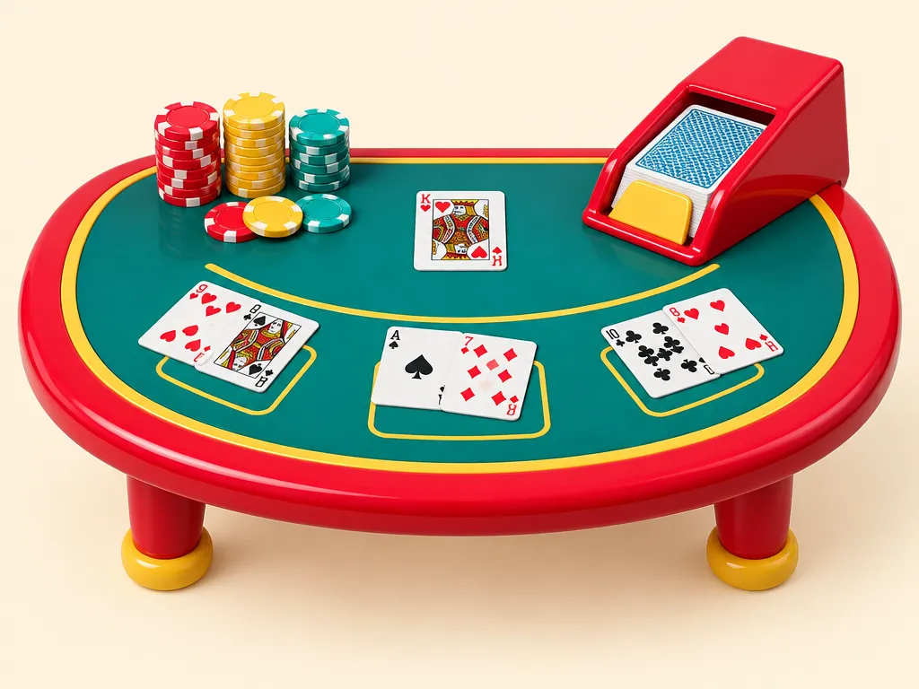 Ett leksaksbord för blackjack med kortsko, staplade marker och några uppvända spelkort