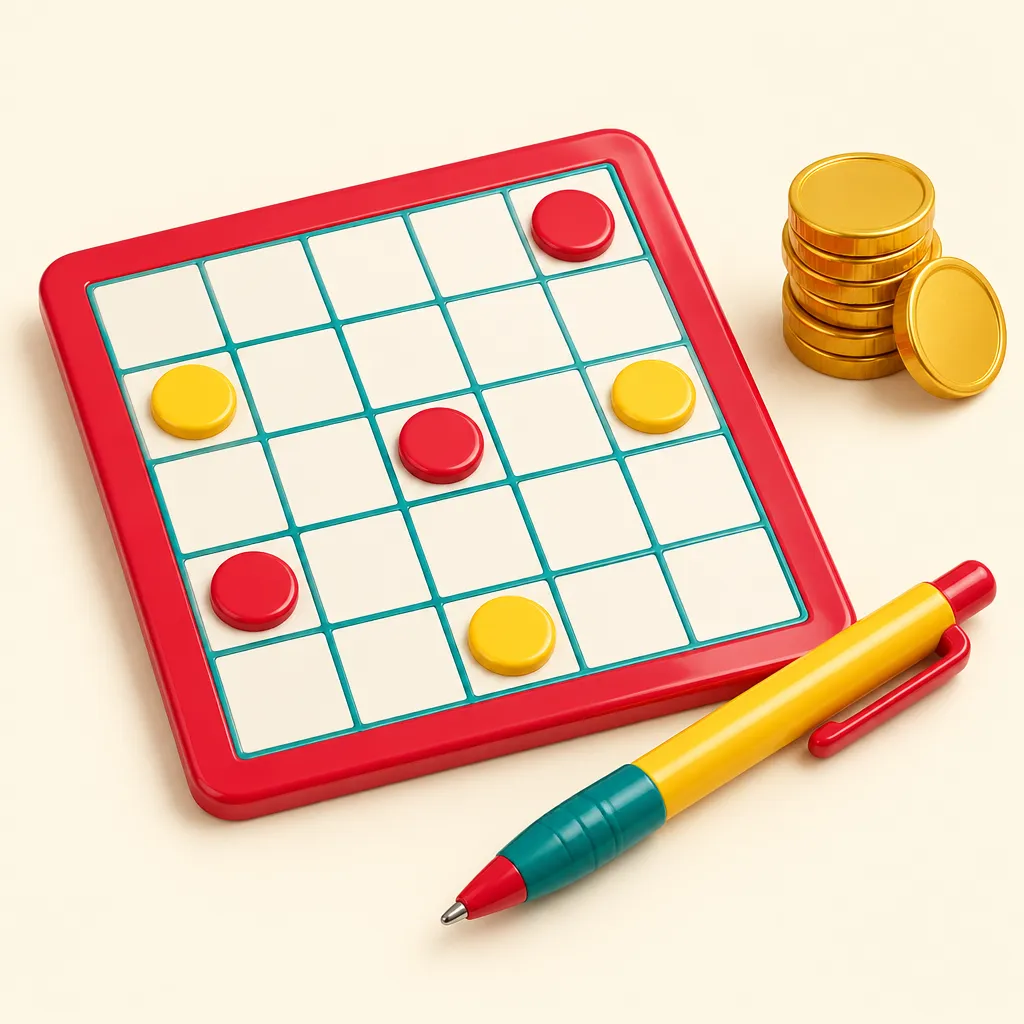En bingobricka med några markerade rutor, en penna och en hög mynt