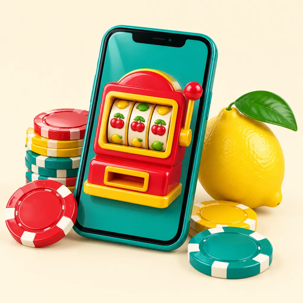 En mobiltelefon med en liten spelautomat på skärmen, omgiven av spelmarker och en citron