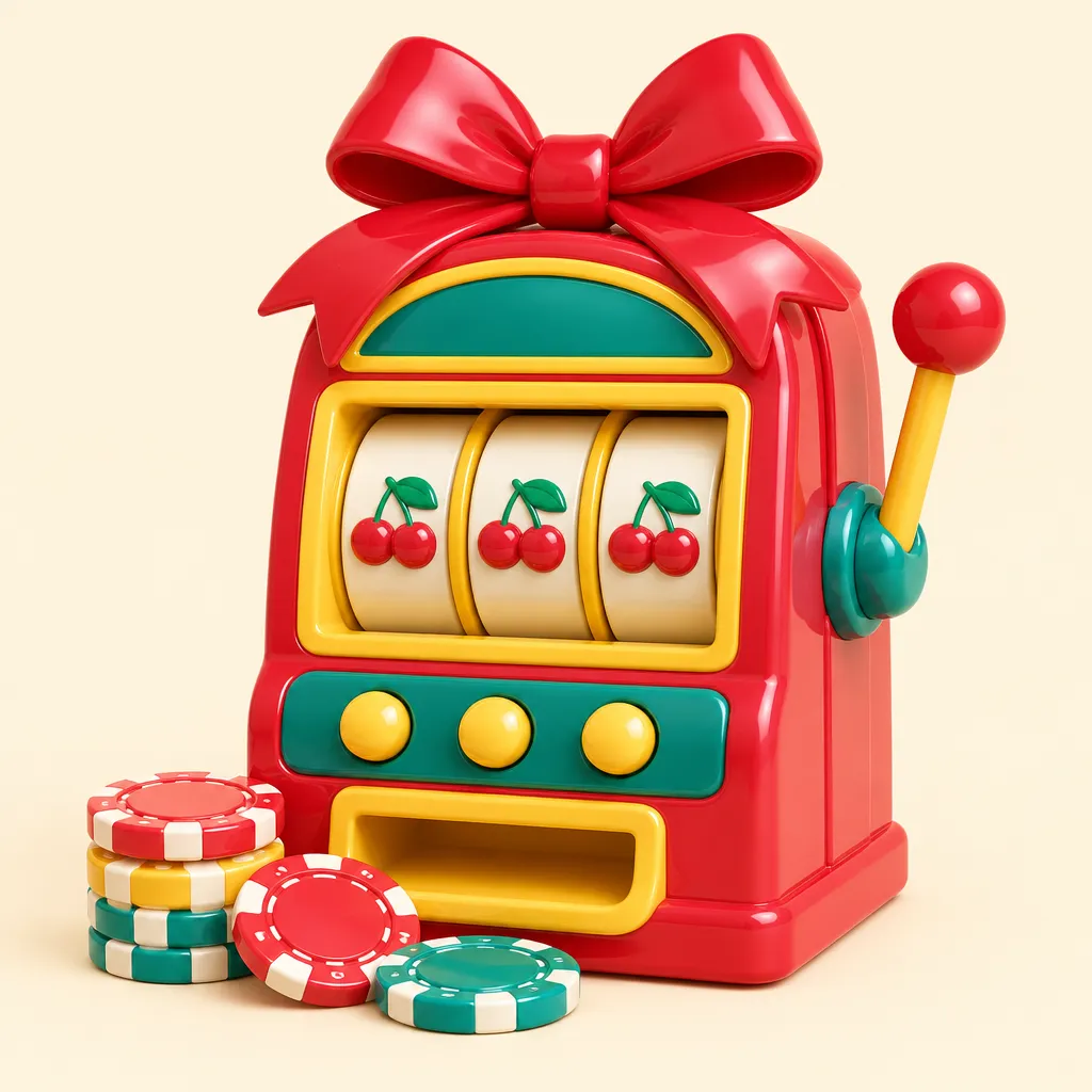 Nyöppnad leksaksaktig spelautomat med en rosett på toppen och spelmarker framför