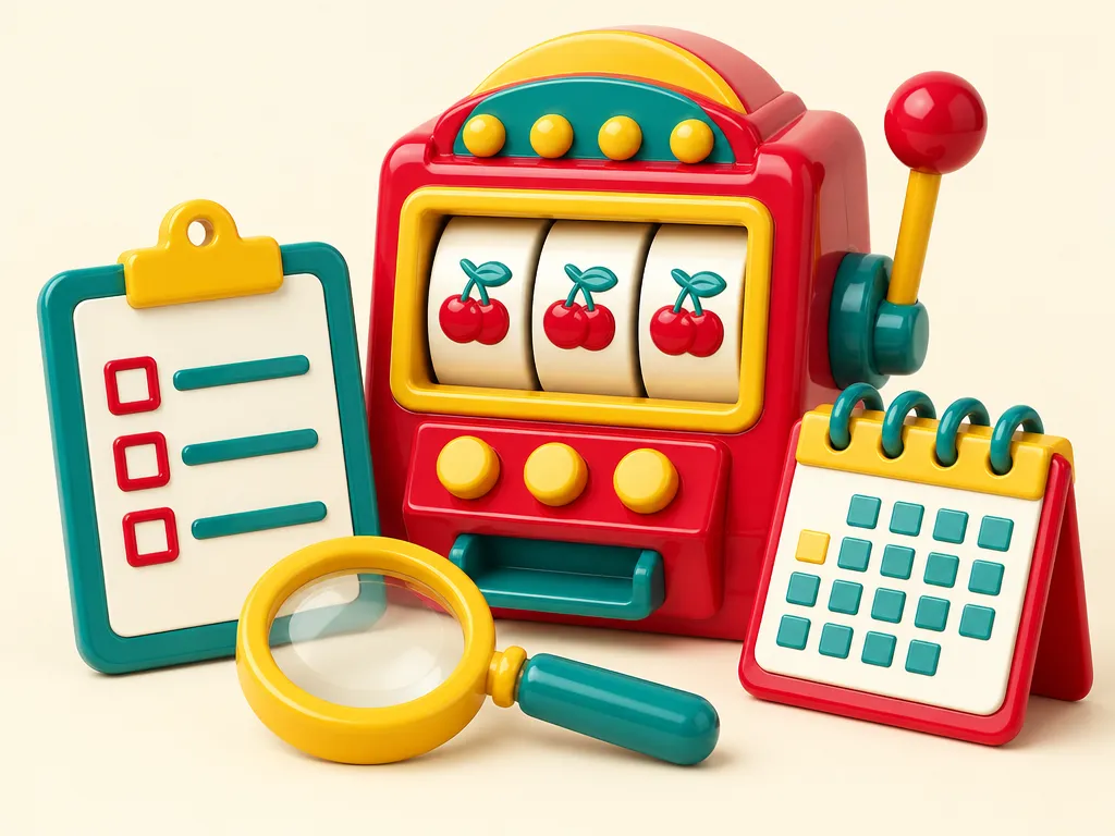 Skrivplatta med checklista, förstoringsglas och en liten kalender bredvid en spelautomat