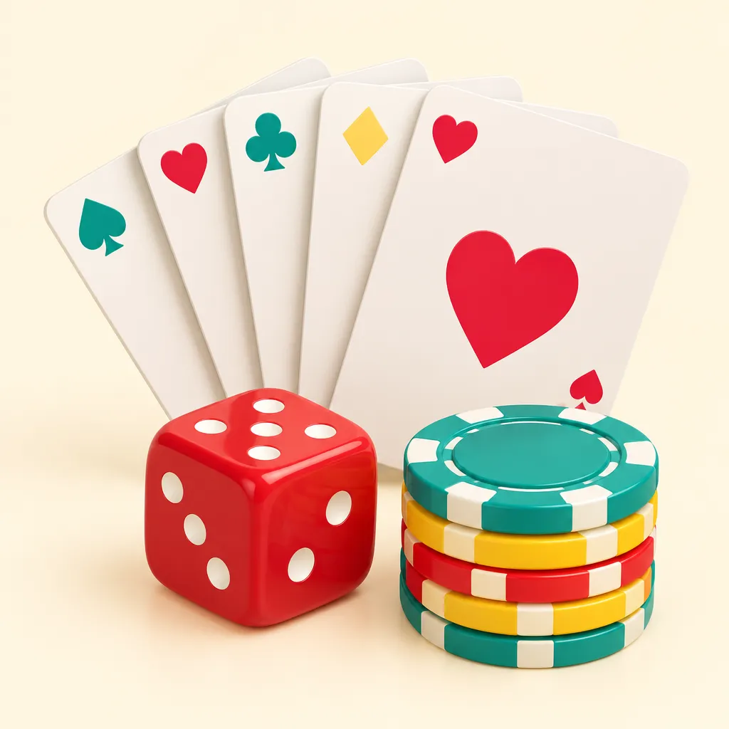 En kortlek, en tärning och en liten hög spelmarker på ett bord