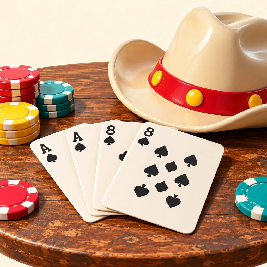 Två svarta ess och två svarta åttor utlagda på ett slitet träbord bredvid en cowboyhatt