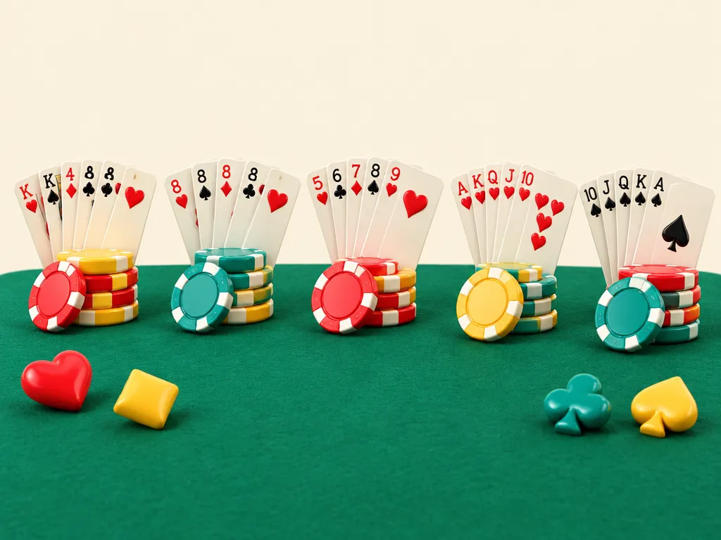 Flera pokerhänder om fem kort utlagda i rad på grön filt
