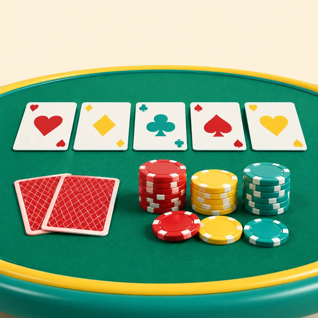 Fem gemensamma spelkort på ett pokerbord med två dolda kort och marker framför