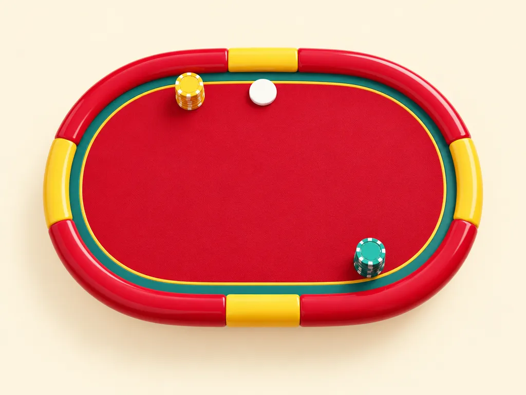 Ett ovalt pokerbord sett ovanifrån med dealerknappen och två markerhögar för blinds