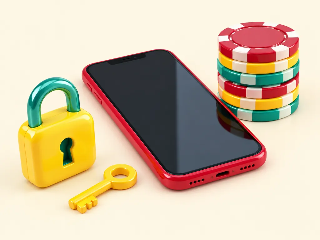 Nyckel och hänglås bredvid en smartphone och casinomarker