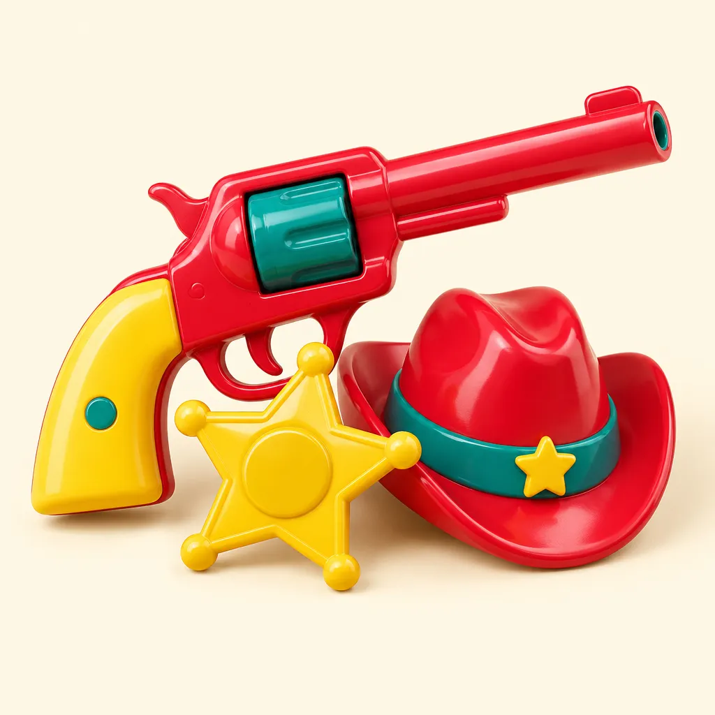 En leksaksrevolver, en sheriffstjärna och en cowboyhatt på en krämig yta