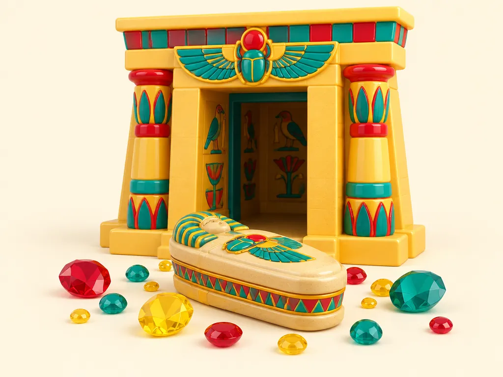 En leksaksversion av en egyptisk tempelingång med en liten stenkista och ädelstenar framför