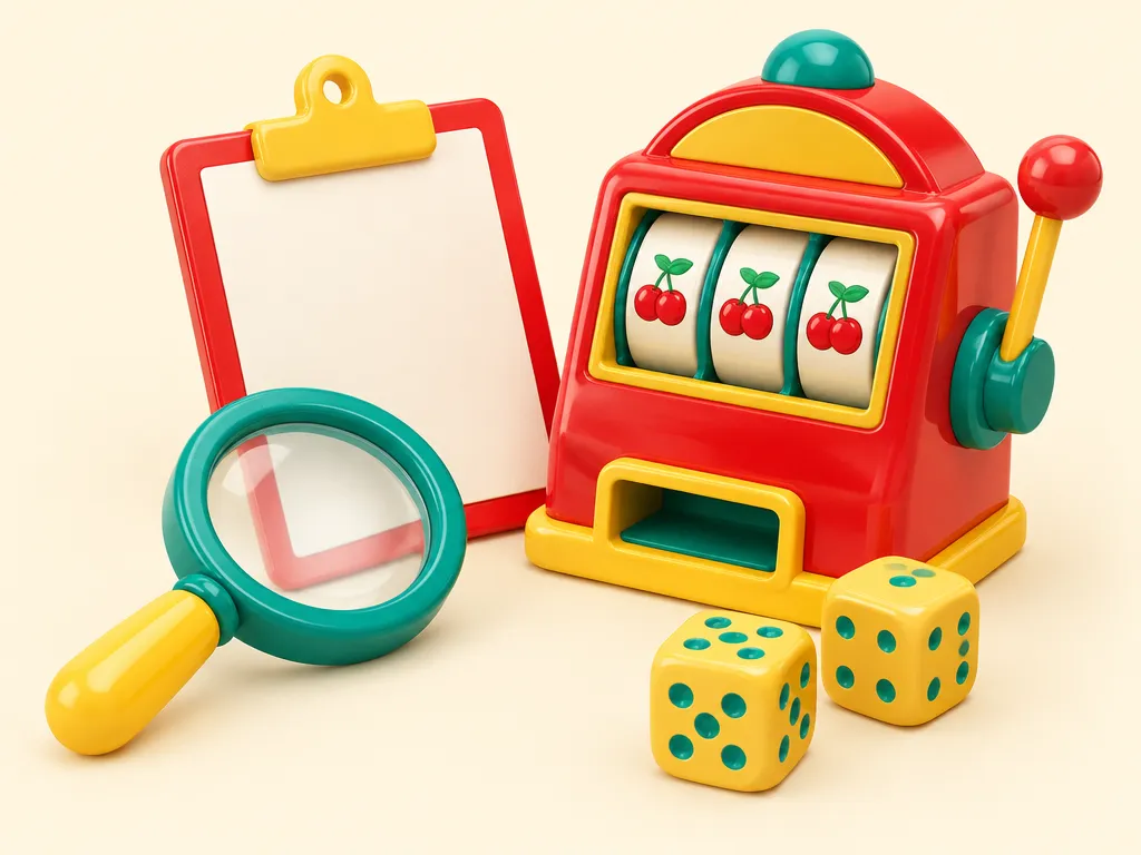 Förstoringsglas och skrivplatta bredvid en liten spelautomat och två tärningar