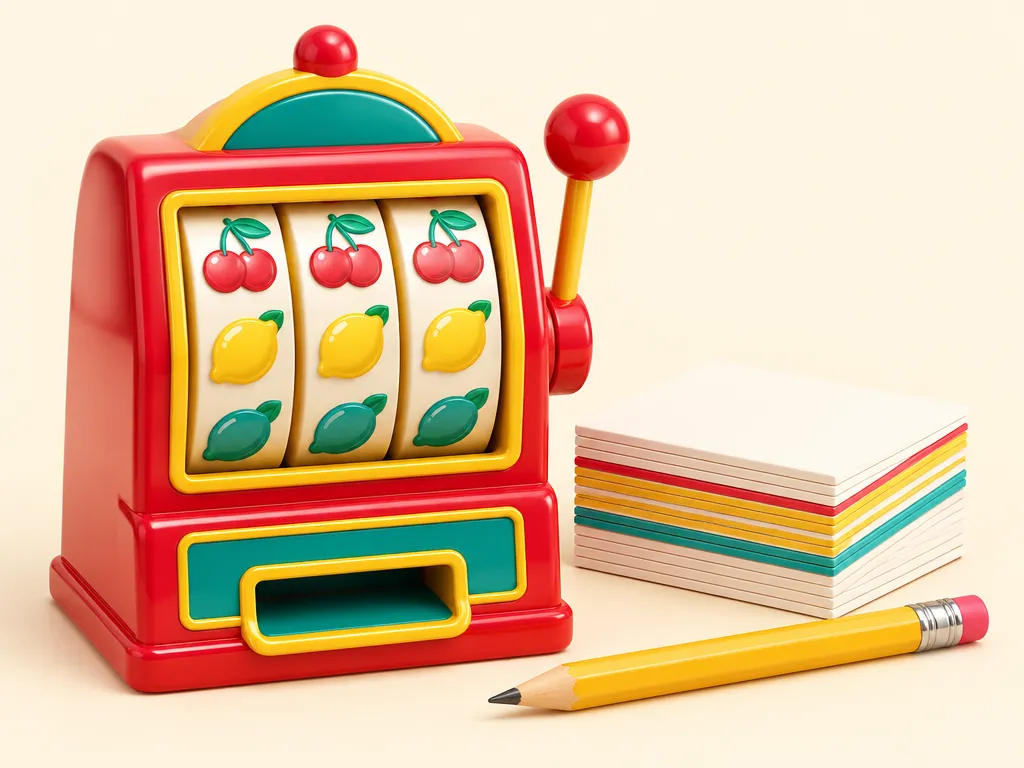 Spelautomatens rulle bredvid en prydlig hög med registerkort och en penna