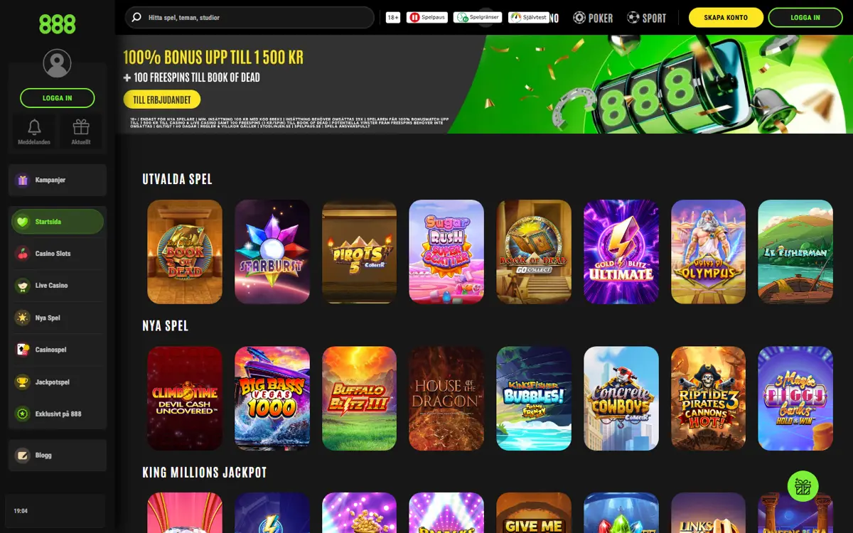 Startsidan hos 888 Casino