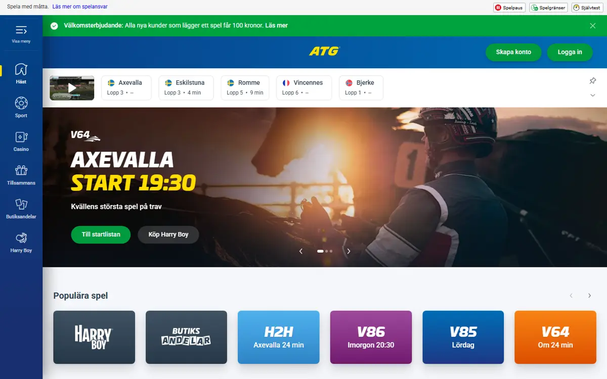 Startsidan hos ATG Casino