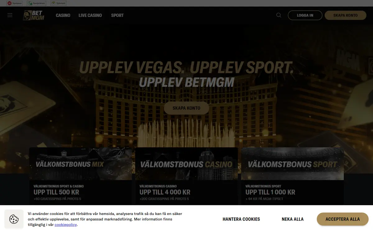 Startsidan hos BetMGM