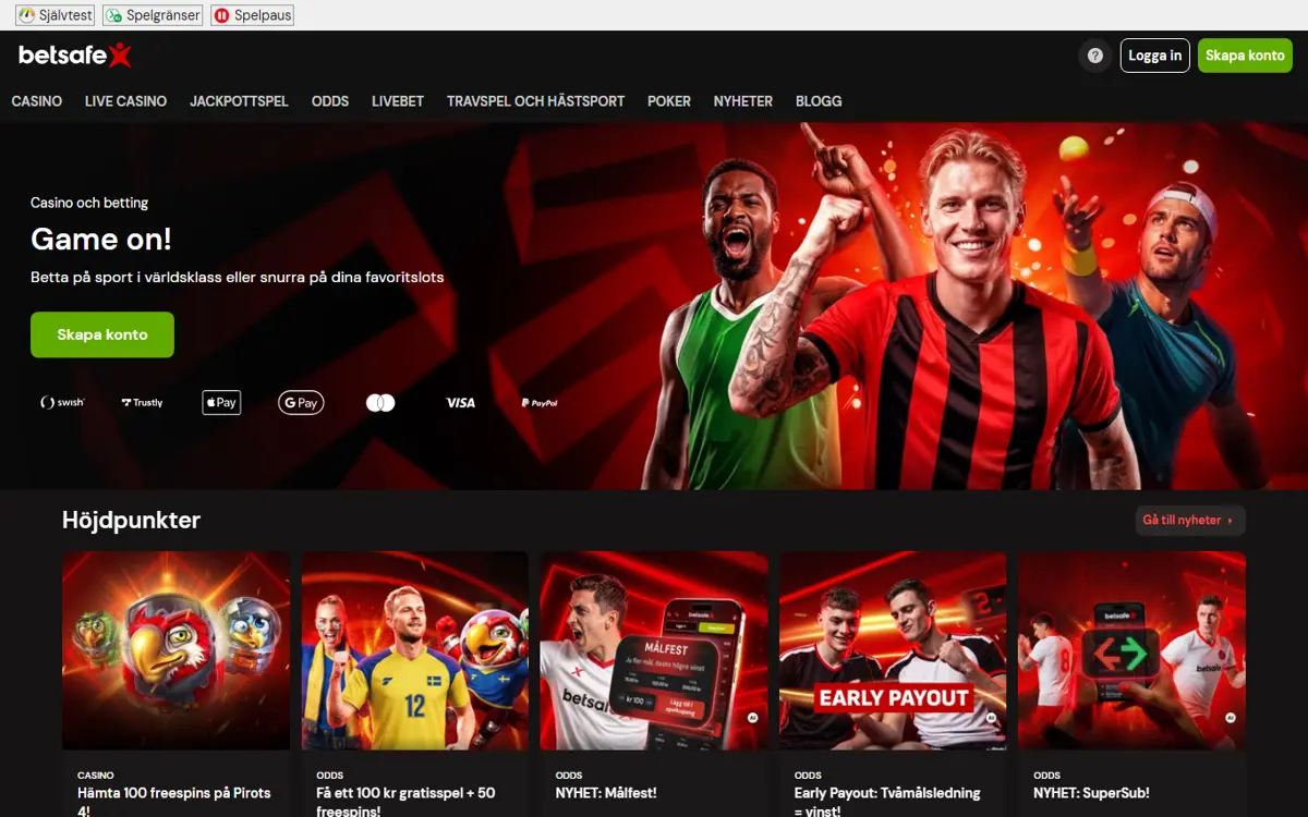 Startsidan hos Betsafe