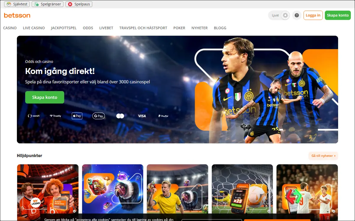 Startsidan hos Betsson