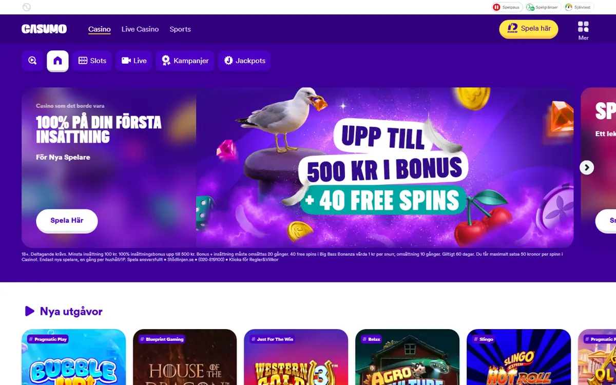 Startsidan hos Casumo