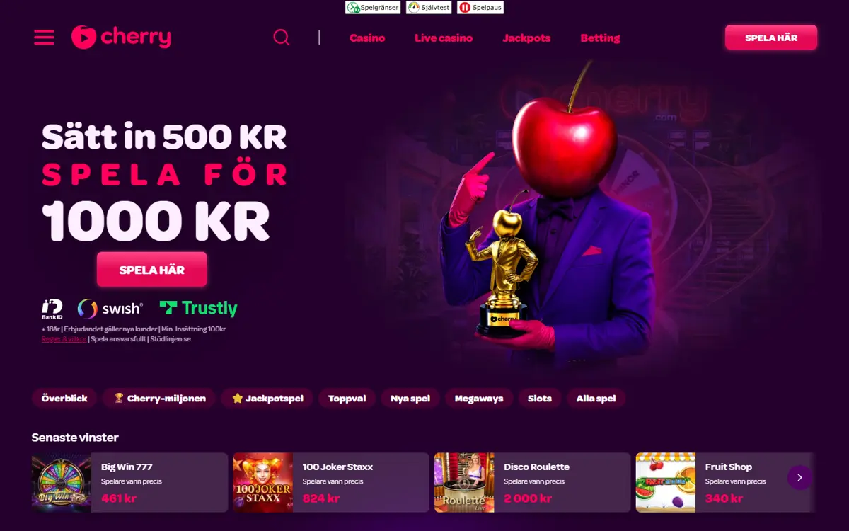 Startsidan hos Cherry Casino