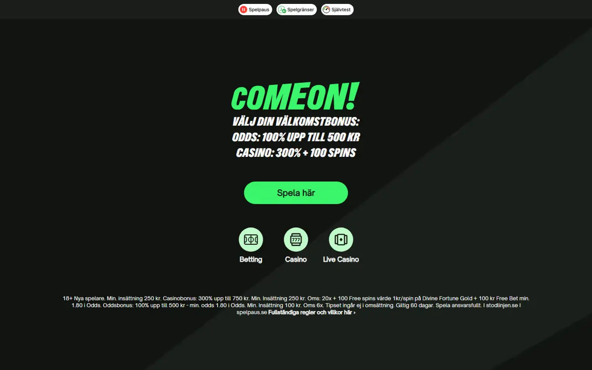 Startsidan hos ComeOn