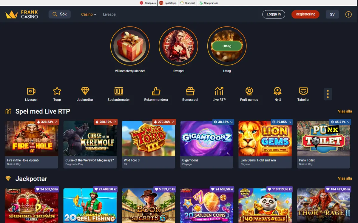 Startsidan hos Frank Casino