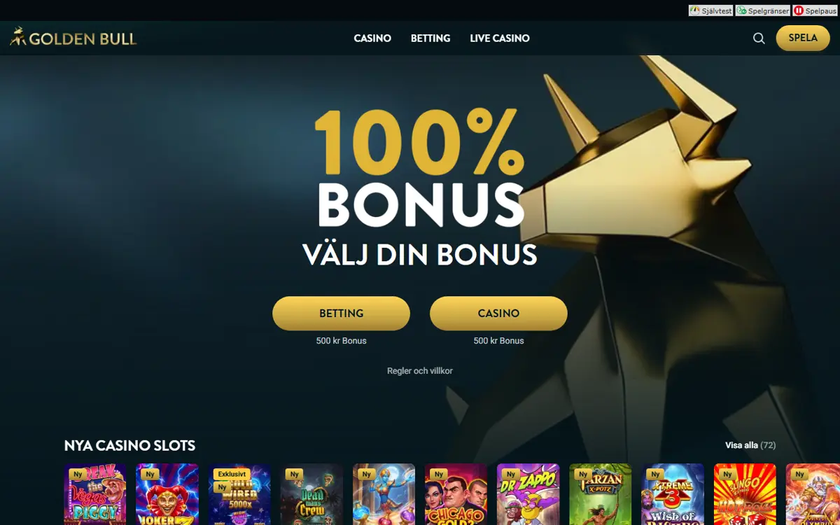 Startsidan hos Golden Bull