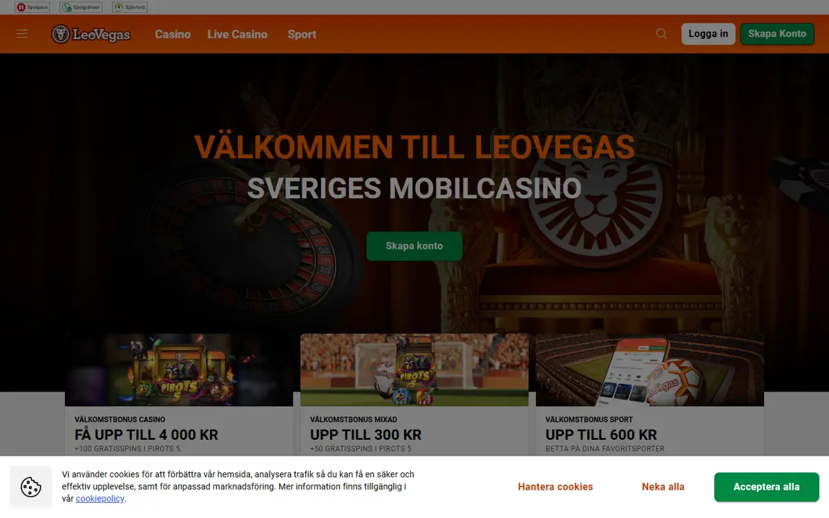 Startsidan hos LeoVegas