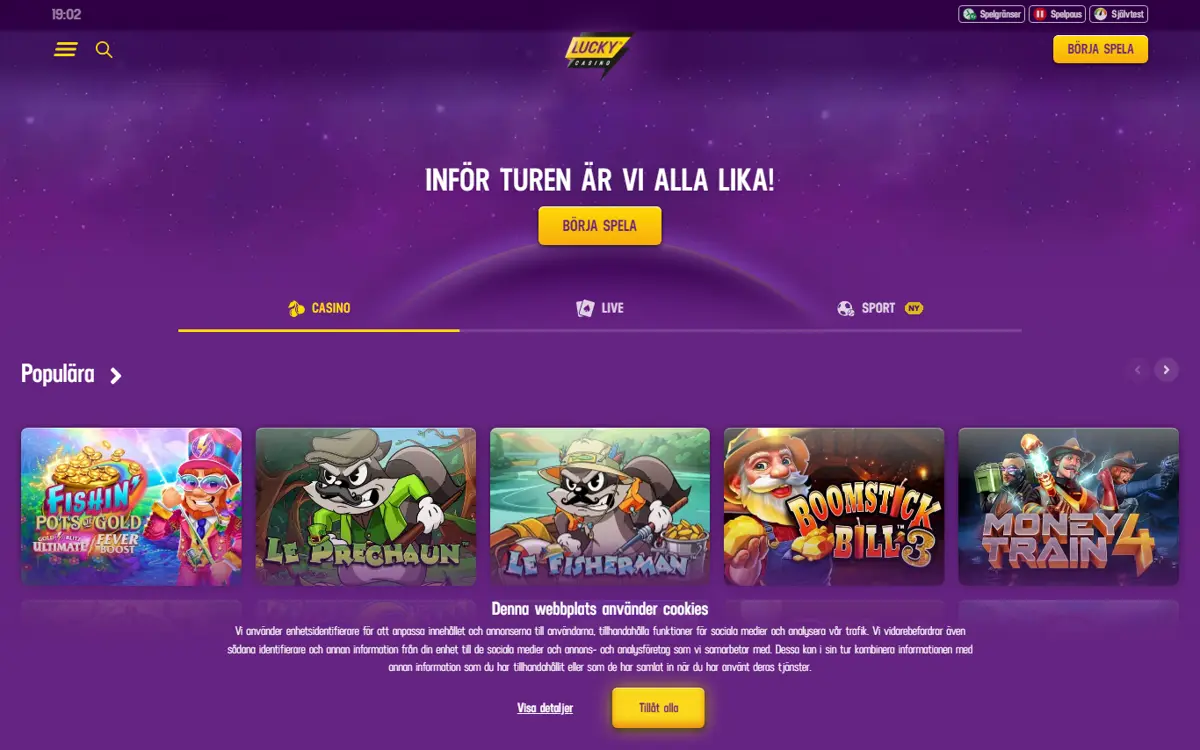 Startsidan hos Lucky Casino