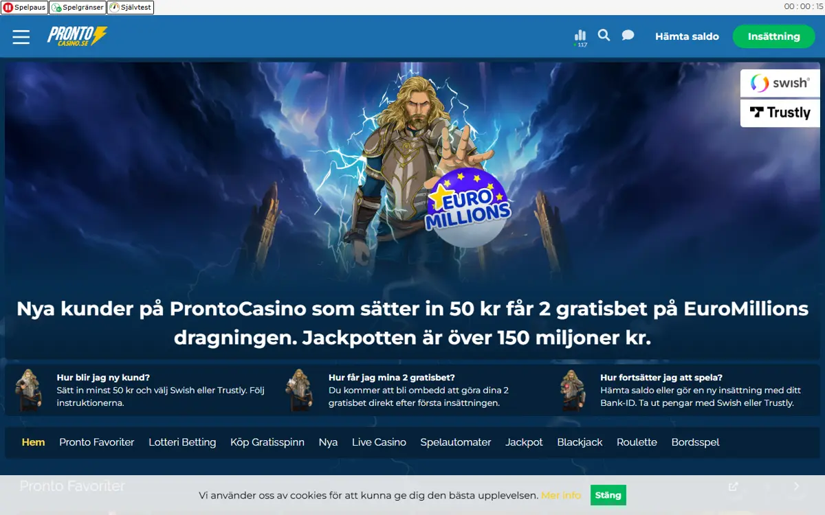 Startsidan hos Pronto Casino