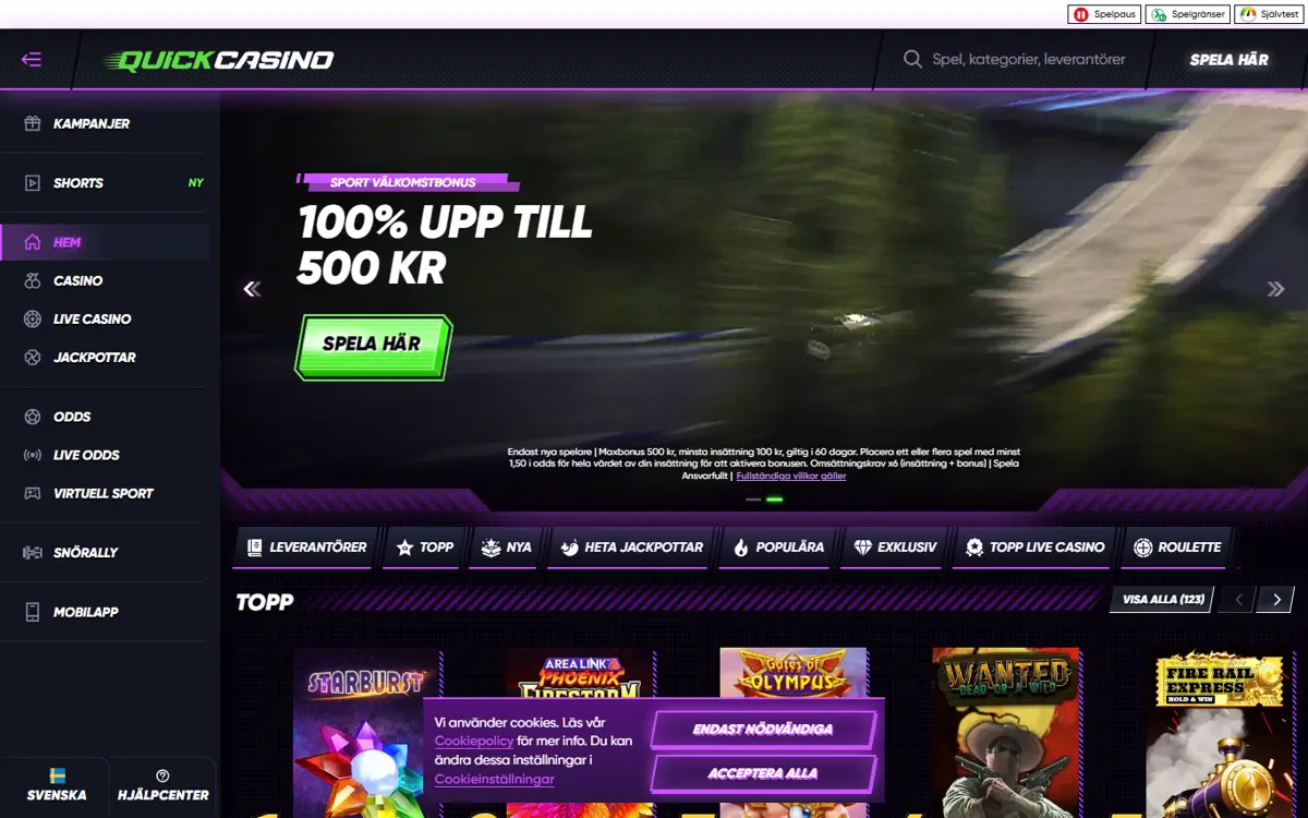 Startsidan hos Quick Casino