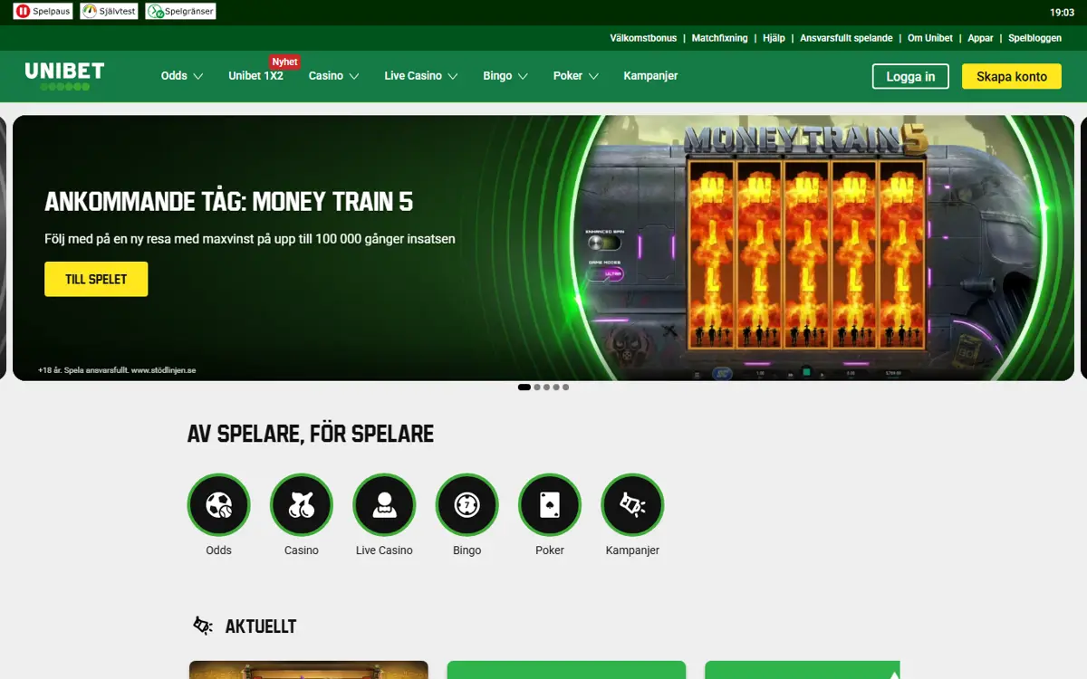 Startsidan hos Unibet