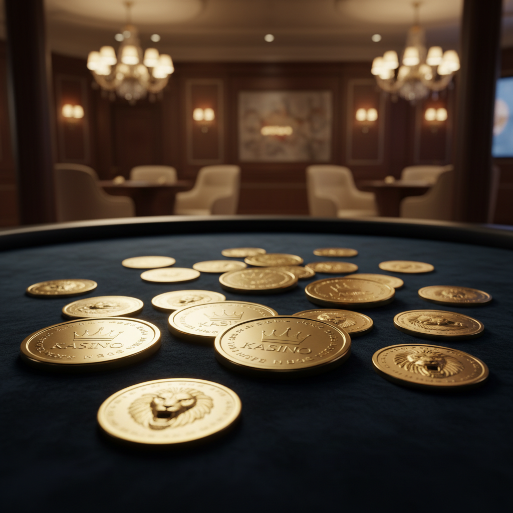 Casino bonus chips och guldmynt på ett elegant bord