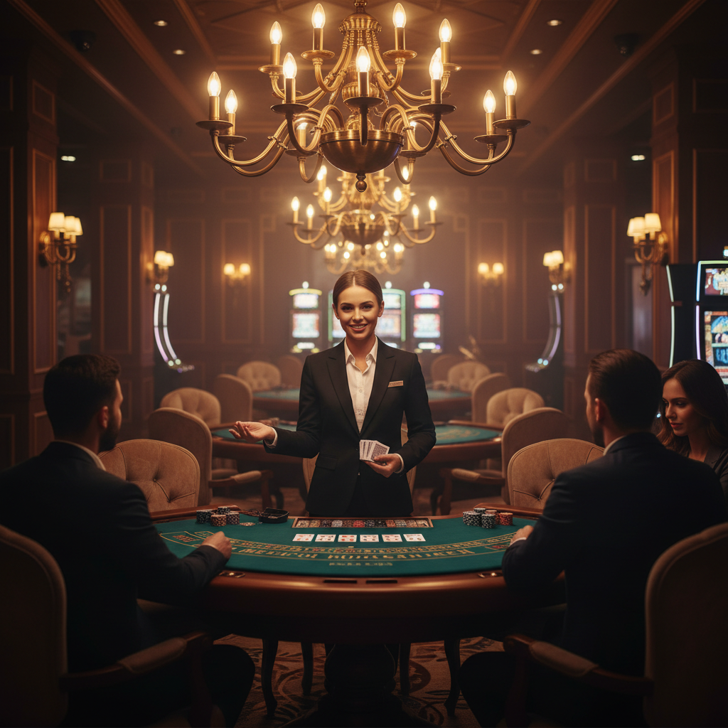 Live casino dealer vid elegant blackjackbord